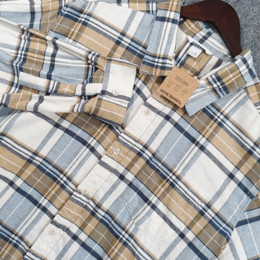 Eddie Bauer Shirt Mens 2XL Blue Plaid Long Sleeve Field Flannel Flex 2.0